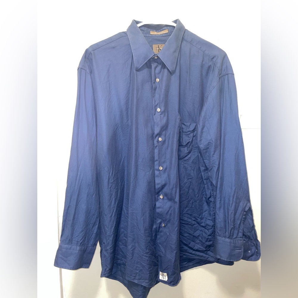 Calvin Klein Long Sleeve Button Down Shirt Navy Blue Neck 17 Size 32-33 Casual